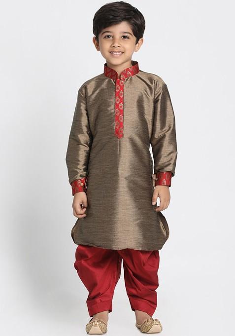 Boys Ethnic Motifs Yoke Design Long Sleeves Kurta With Dhoti Pants — view on Indya