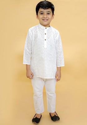 Infant Boys Floral Embroidered Chikankari Pure Cotton Kurta With Pyjamas