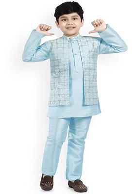 Boys Floral Embroidered Mandarin Collar Sequinned Straight Kurta With Pyjamas