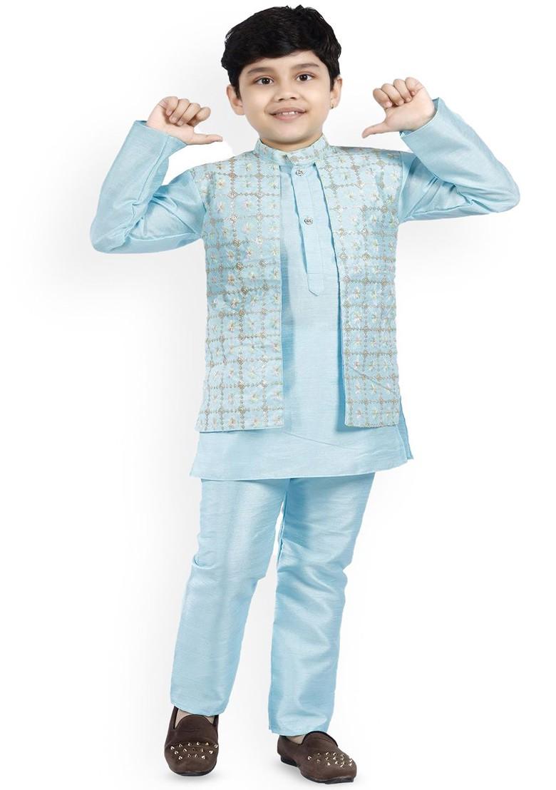 Boys Floral Embroidered Mandarin Collar Sequinned Straight Kurta With Pyjamas - Indya