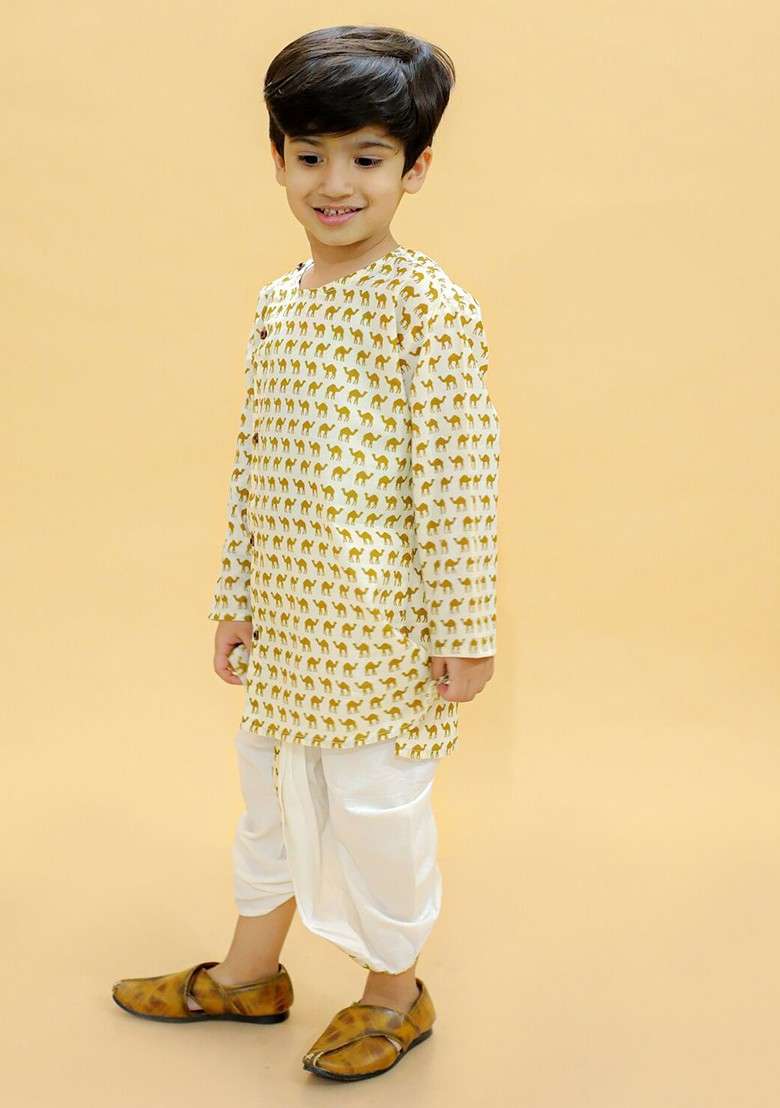 Boys Animal Printed Round Neck Full Sleeves Cotton Ethnic Kurta With Dhoti Pants - Indya