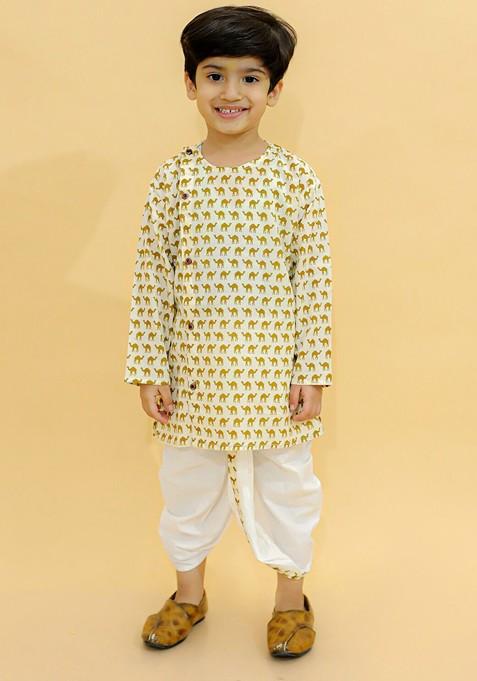 Boys Animal Printed Round Neck Full Sleeves Cotton Ethnic Kurta With Dhoti Pants — view on Indya