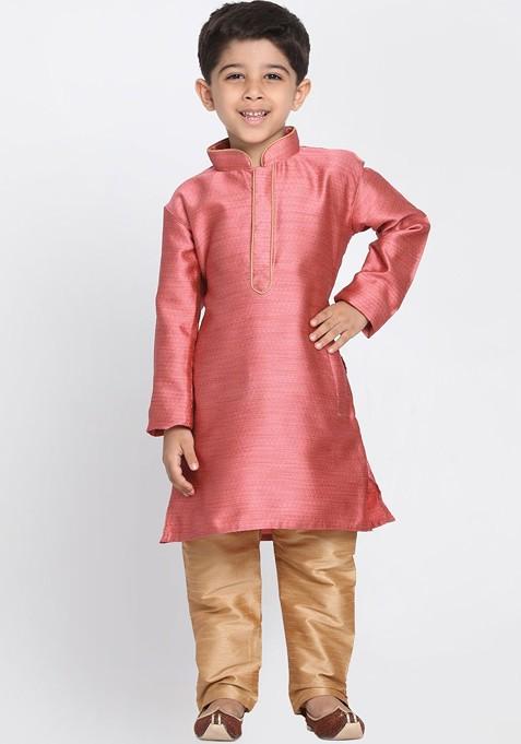 Boys Pink Self Design Kurta With Salwar