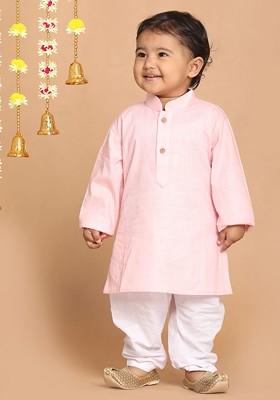 Boys Pink And White Cotton Blend Solid Kurta Pyjama Set