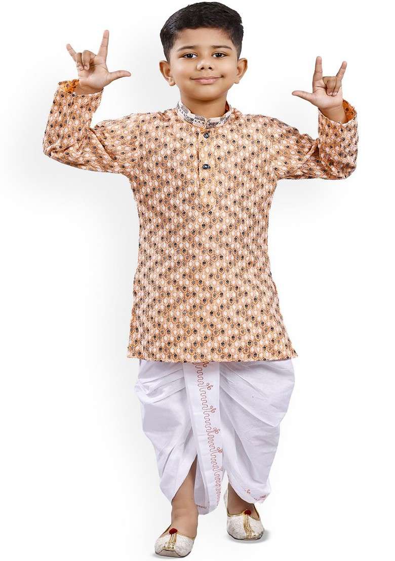Boys Ethnic Motifs Printed Thread Work Straight Kurta With Dhoti Pants - Indya