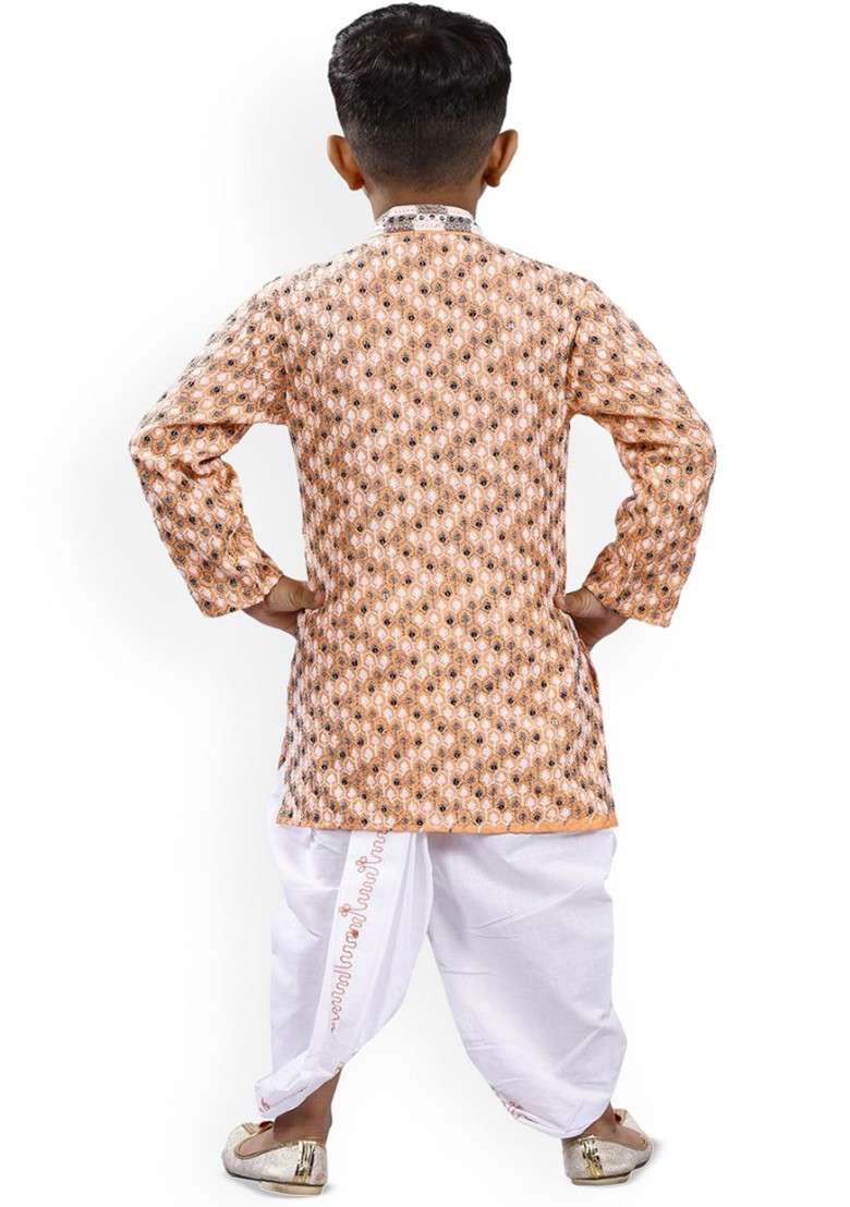 Boys Ethnic Motifs Printed Thread Work Straight Kurta With Dhoti Pants - Indya