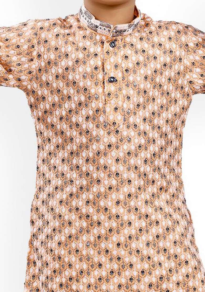 Boys Ethnic Motifs Printed Thread Work Straight Kurta With Dhoti Pants - Indya