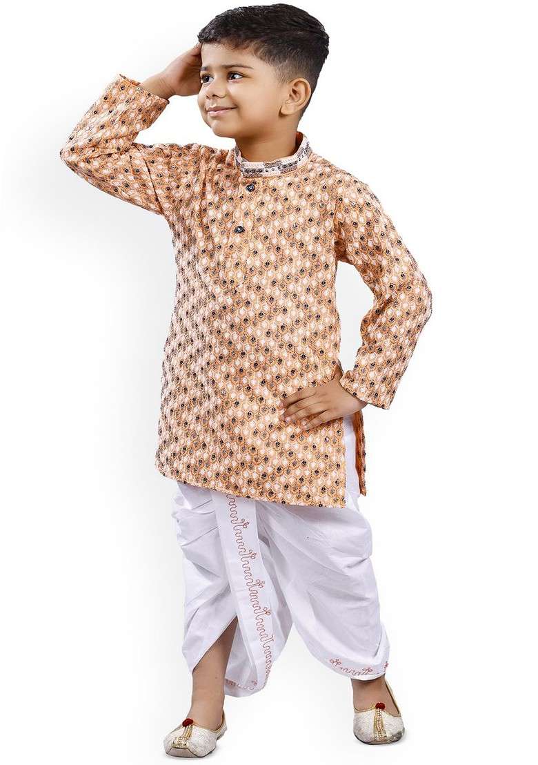 Boys Ethnic Motifs Printed Thread Work Straight Kurta With Dhoti Pants - Indya