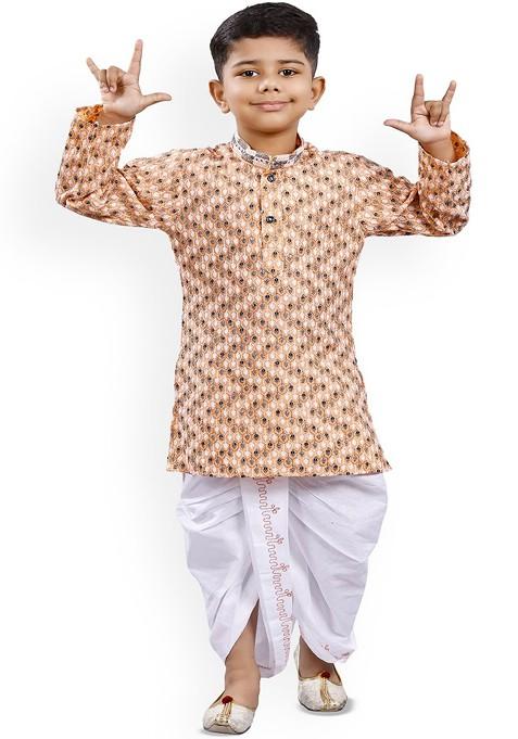 Boys Ethnic Motifs Printed Thread Work Straight Kurta With Dhoti Pants — view on Indya