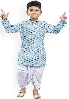 Boys Floral Printed Mandarin Collar Straight Kurta With Dhoti Pant