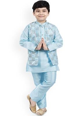 Boys Checked Embroidered Mandarin Collar Straight Art Silk Kurta With Pyjamas