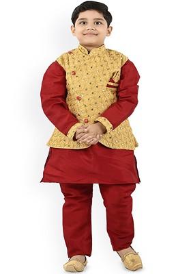 Boys Floral Embroidered Regular Mirror Work Kurta With Pyjamas