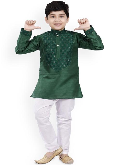 Boys Ethnic Motifs Embroidered Regular Sequinned Straight Kurta With Pyjamas — view on Indya