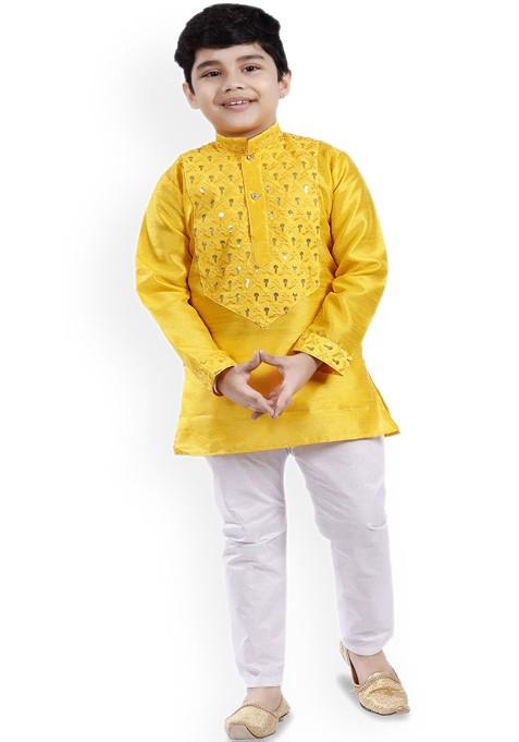 Boys Ethnic Motifs Embroidered Regular Sequinned Straight Kurta With Pyjamas — view on Indya