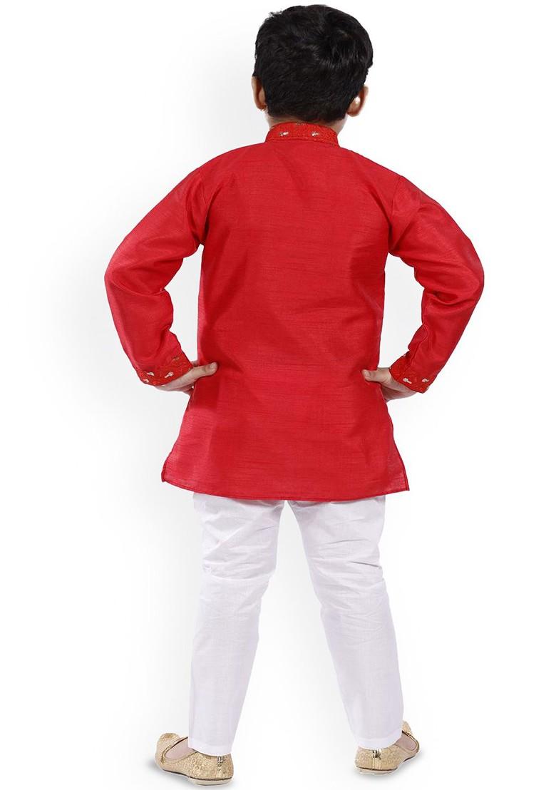 Boys Embroidered Mandarin Collar Thread Work Straight Kurta With Pyjamas - Indya