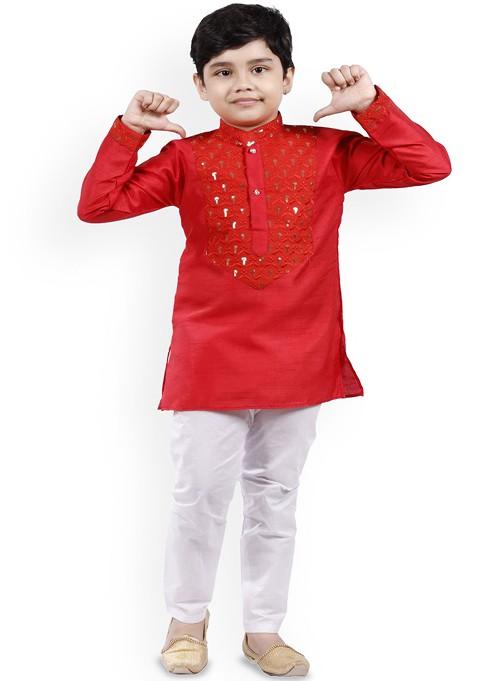 Boys Embroidered Mandarin Collar Thread Work Straight Kurta With Pyjamas