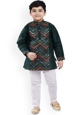Boys Embroidered Mandarin Collar Mirror Work Kurta With Pyjamas