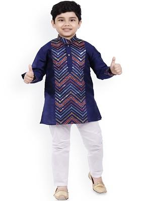 Boys Embroidered Mandarin Collar Sequinned Kurta With Pyjamas