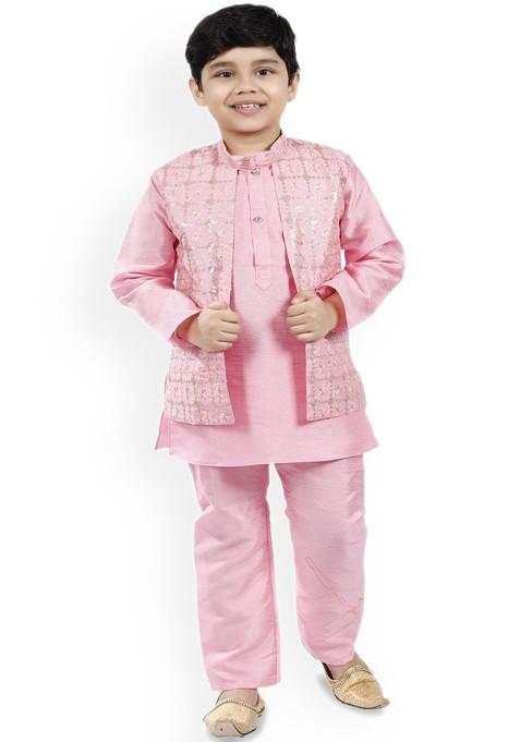 Boys Floral Embroidered Mandarin Collar Sequinned Straight Kurta With Pyjamas