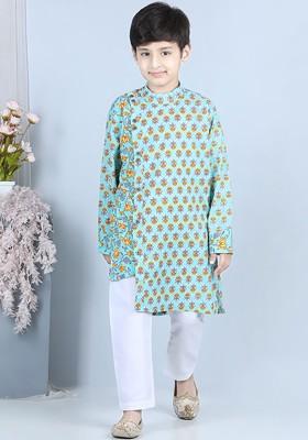 Green Boys Printed Mandarin Collar Pure Cotton Kurta With Pyjamas