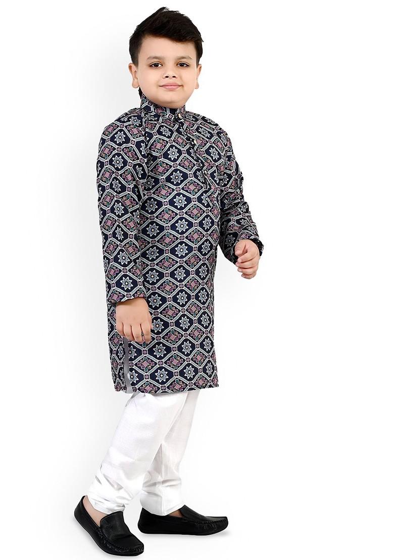 Boys Ethnic Motifs Printed Mandarin Collar Straight Kurta With Pyjamas - Indya