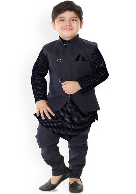 Boys Geometric Printed Mandarin Collar Kurta With Churidar