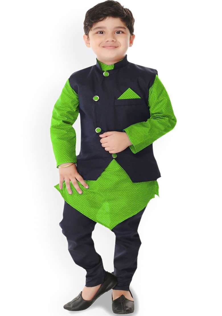 Boys Geometric Printed Mandarin Collar Kurta With Churidar - Indya
