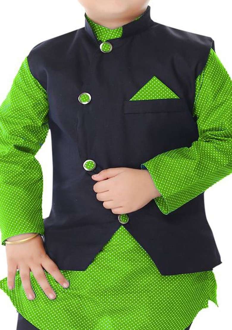 Boys Geometric Printed Mandarin Collar Kurta With Churidar - Indya