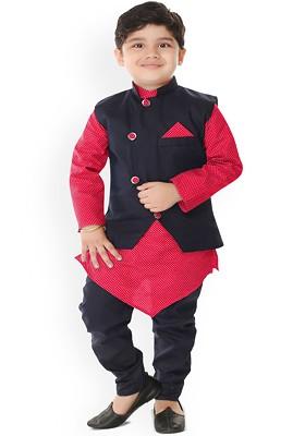 Boys Geometric Printed Regular Kurta With Churidar And Waistcoat