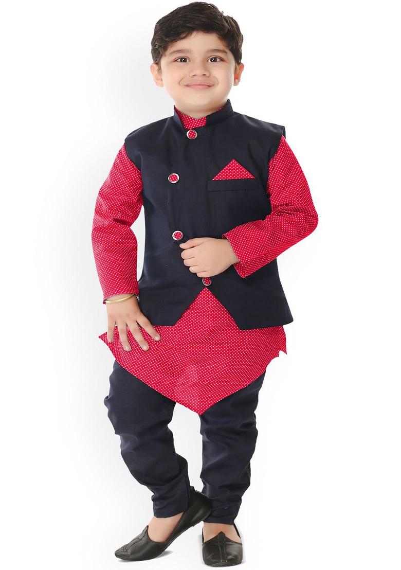 Boys Geometric Printed Regular Kurta With Churidar And Waistcoat - Indya