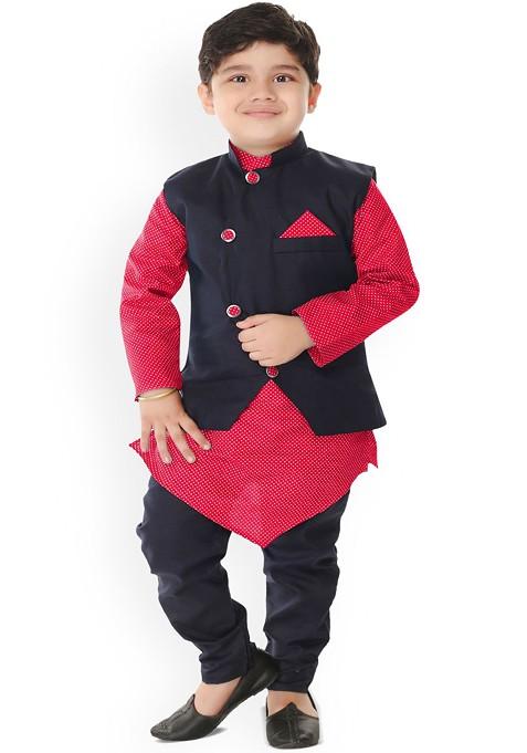 Boys Geometric Printed Regular Kurta With Churidar And Waistcoat