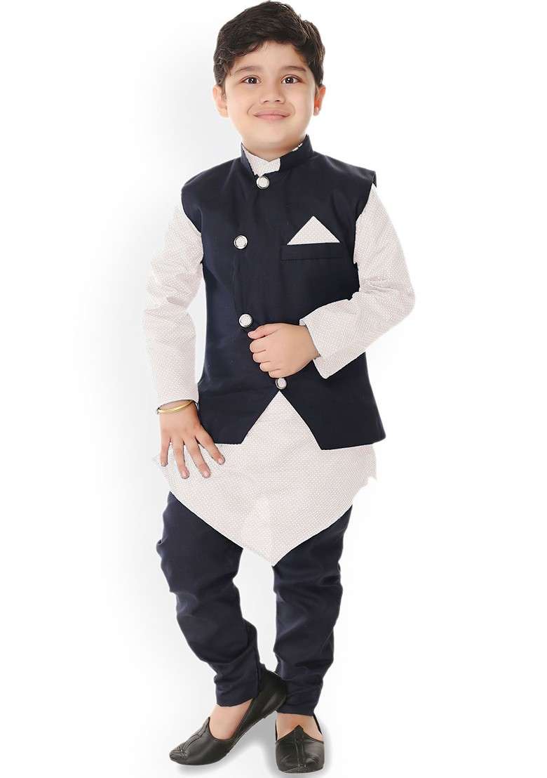 Boys Geometric Printed Mandarin Collar Kurta With Churidar - Indya