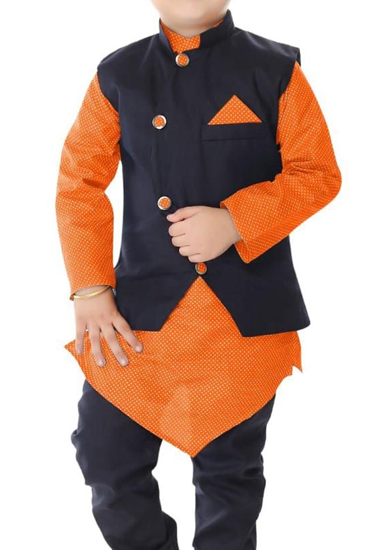 Boys Geometric Printed Mandarin Collar Kurta With Churidar - Indya
