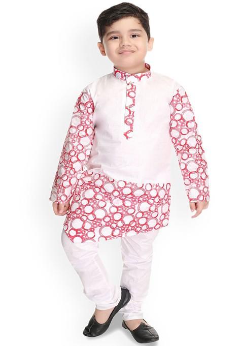 Boys Geometric Printed Band Collar Kurta With Trousers