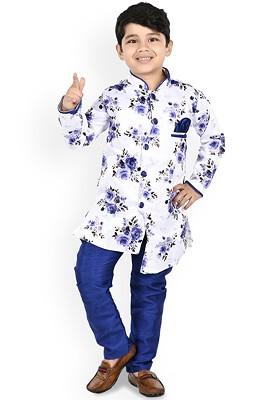 Boys Floral Printed Mandarin Collar Straight Kurta With Trousers