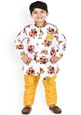 Boys Floral Printed Mandarin Collar Kurta With Trousers