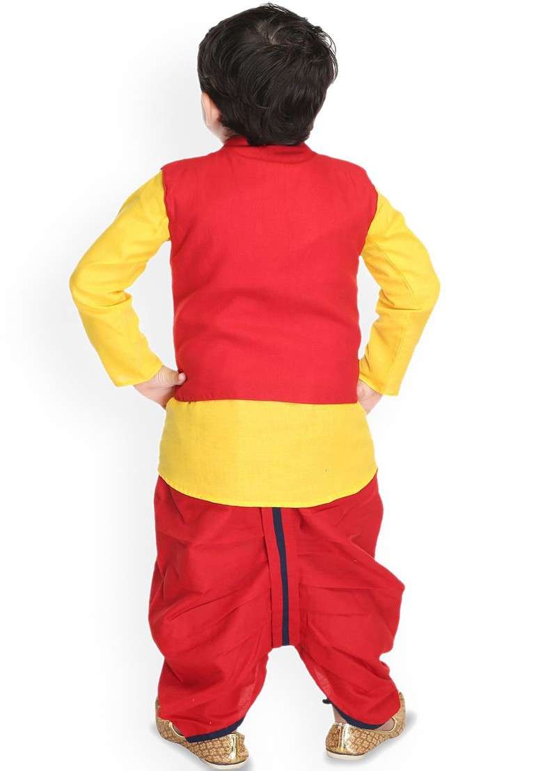 Boys Straight Kurta With Dhoti Pants And Waistcoat - Indya