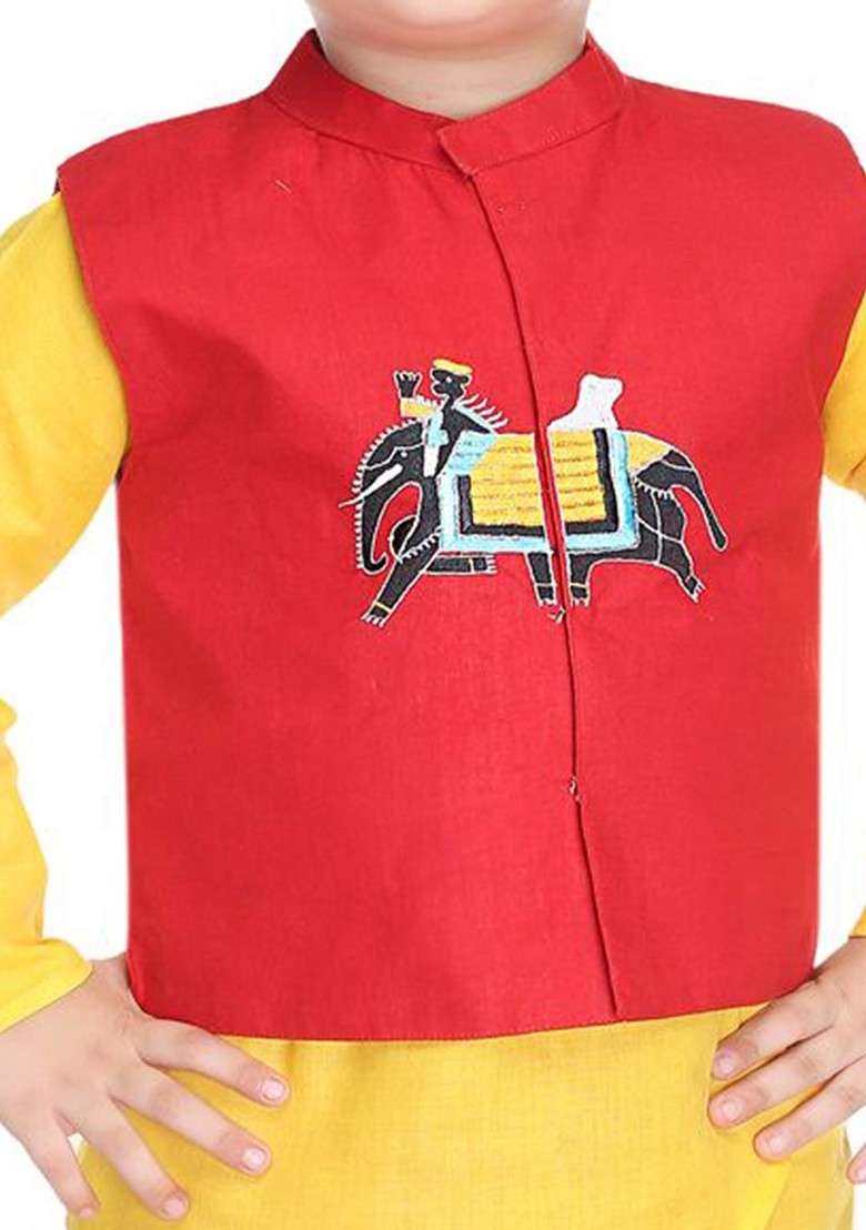 Boys Straight Kurta With Dhoti Pants And Waistcoat - Indya