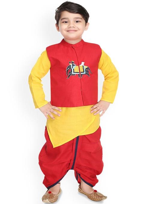 Boys Straight Kurta With Dhoti Pants And Waistcoat — view on Indya