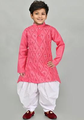 Boys Ethnic Motifs Embroidered Thread Work Straight Cotton Kurta With Patiala
