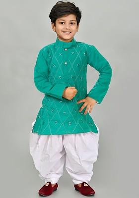 Boys Ethnic Motifs Embroidered Straight Thread Work Cotton Kurta With Patiala