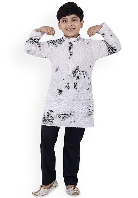 Boys Ethnic Motifs Embroidered Straight Thread Work Kurta With Pyjamas