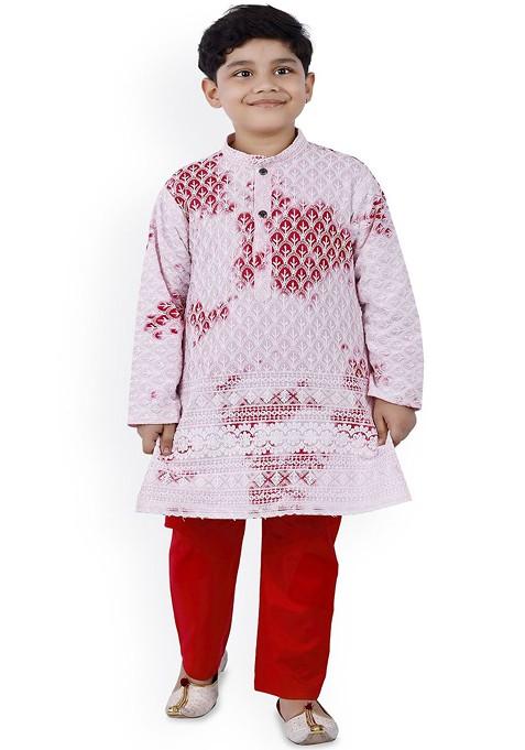 Boys Ethnic Motifs Embroidered Straight Thread Work Kurta With Pyjamas