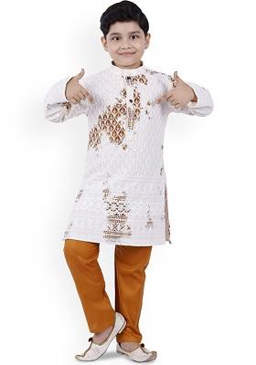 Boys Floral Embroidered Straight Thread Work Kurta With Trousers