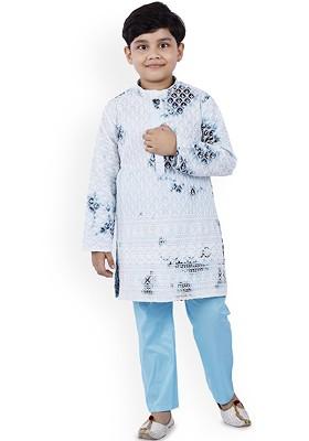 Boys Floral Embroidered Thread Work Straight Kurta With Trousers
