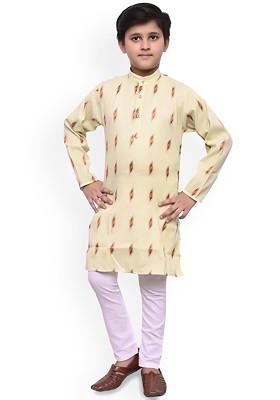 Boys Woven Design Band Collar Regular Straight Kurta With Pyjamas