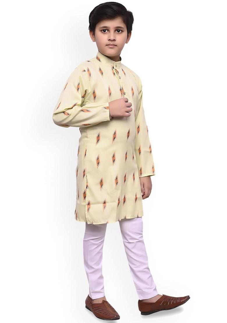 Boys Woven Design Band Collar Regular Straight Kurta With Pyjamas - Indya