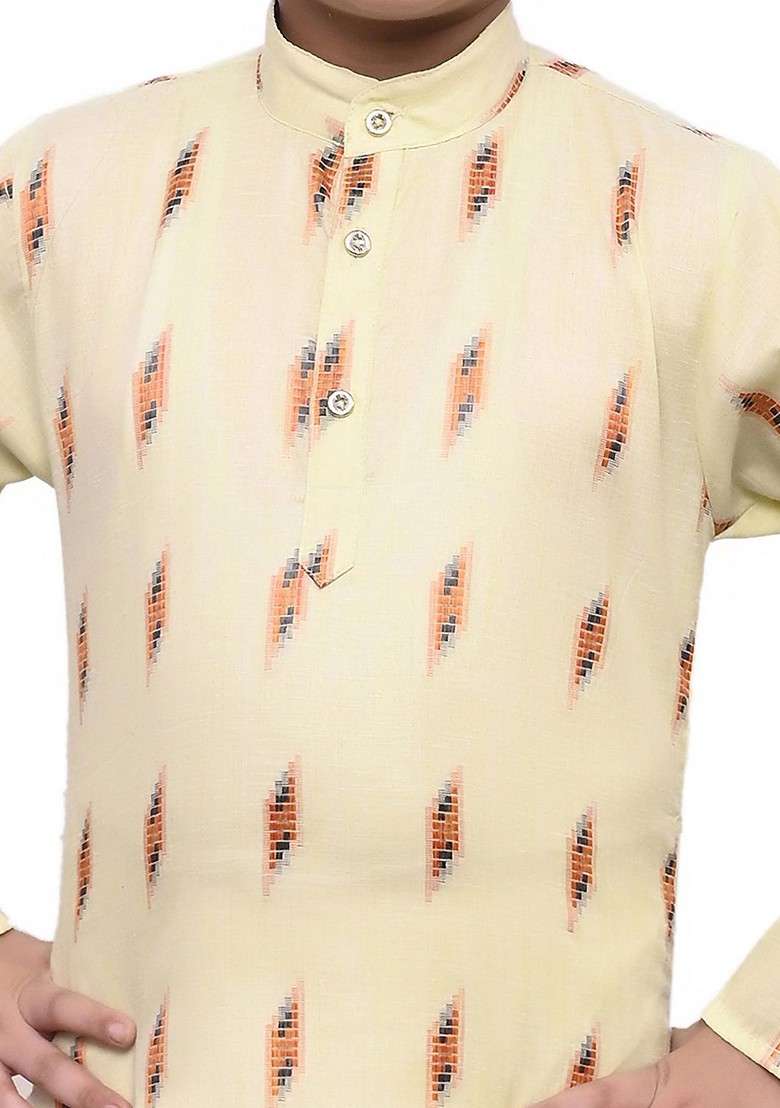 Boys Woven Design Band Collar Regular Straight Kurta With Pyjamas - Indya