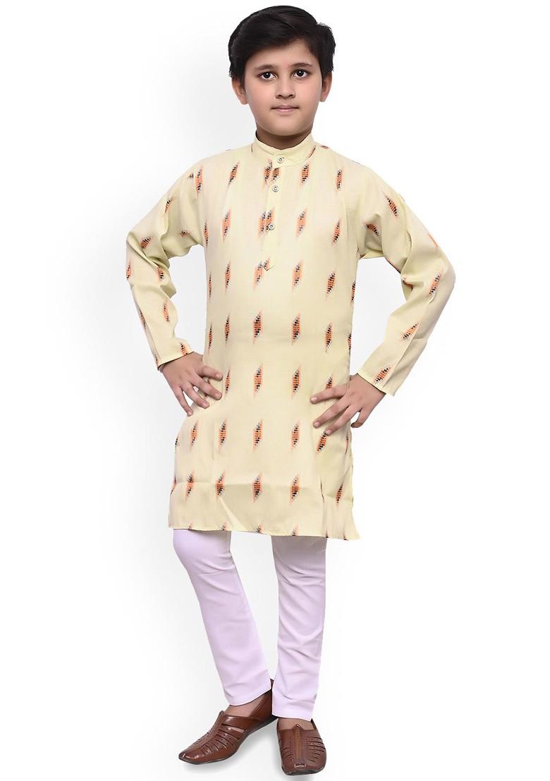 Boys Woven Design Band Collar Regular Straight Kurta With Pyjamas - Indya