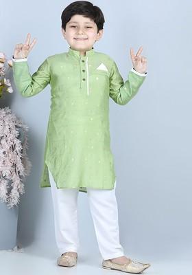 Boys Green Woven Design Pure Cotton Straight Kurta With Pyjama